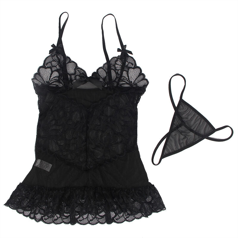 SUBBLIME - BABYDOLL MET VERSTELBARE BANDJES EN TRANSPARANTE KANTEN BLOEMENPRINT ZWART S/M