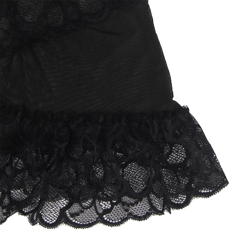 SUBBLIME -BABYDOLL MET VERSTELBARE BANDJES EN TRANSPARANTE KANTEN BLOEMENPRINT ZWART L/XL