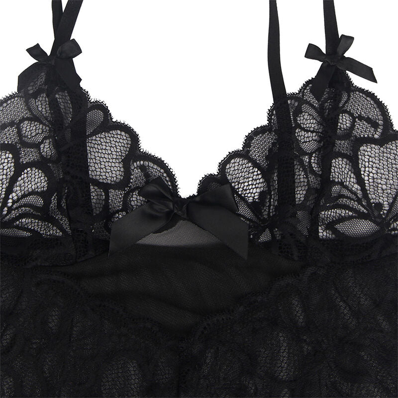 SUBBLIME -BABYDOLL MET VERSTELBARE BANDJES EN TRANSPARANTE KANTEN BLOEMENPRINT ZWART L/XL